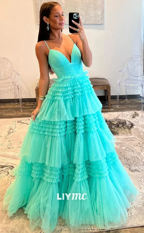 LP965 - Spaghetti Straps Tulle Tiered Long Semi Formal Prom Dress Classic Tulle Dress