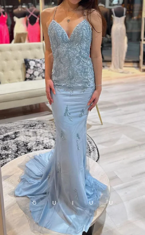 G3754 -  Mermaid V Neck Straps Sleeveless Appliques Tulle Long Prom Dress with Train Tulle Evening Dress