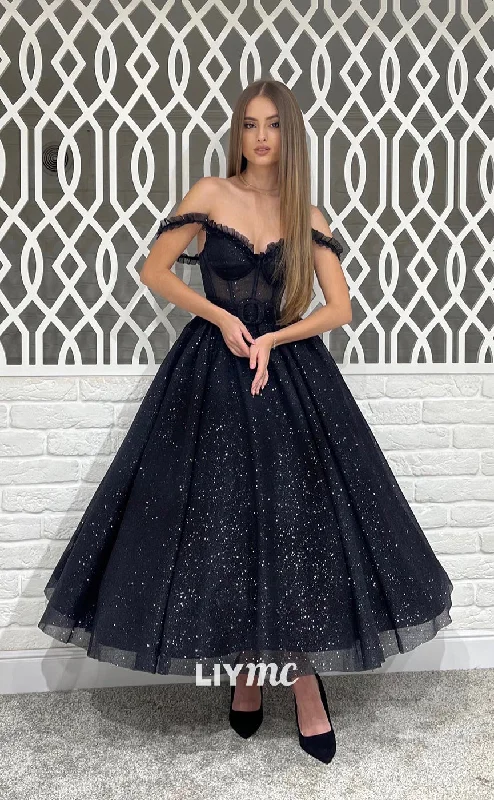 LP690 - Sparkly Off Shoulder Sheer Tulle A Line Long Prom Evening Dress Tulle Dress Outfit