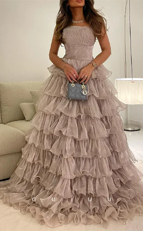 G3466 - Chic & Modern Ballgown Strapless Draped Tulle Floor-Length Tiered Prom Dress Tulle Party Gown