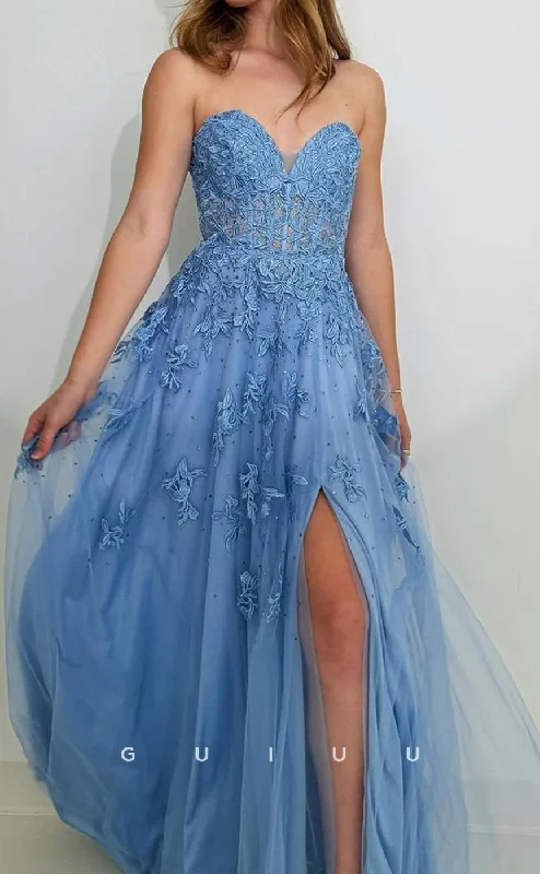 G3764 -  A-Line Strapless Sleeveless Appliques Pleated Tulle Long Prom Dress with Slit Elegant Tulle Dress