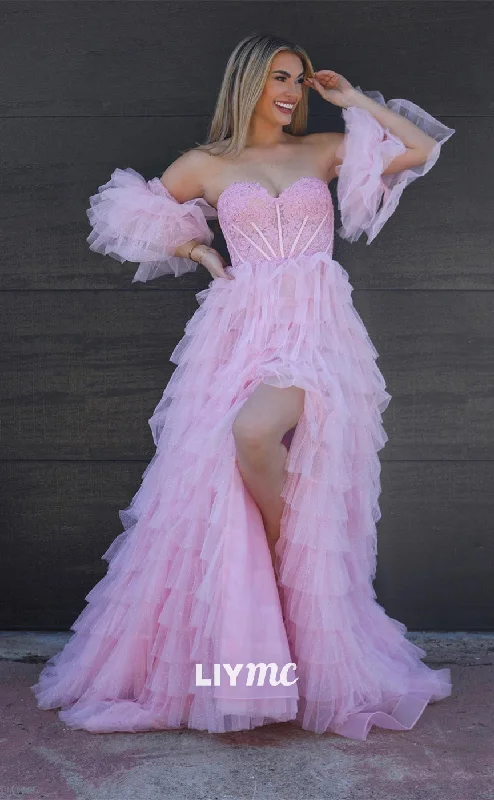 LP775 - A Line Sweetheart Tulle Tiered Pink Long Formal Prom Dress with Slit Sweet Tulle Dress