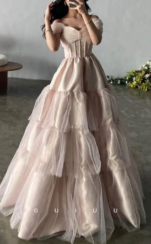 G3474 - Chic & Modern A-Line Off Shoulder Tiered Satin & Tulle Floor-Length Bowknot Long Ballgown Prom Dress Pretty Tulle Dress