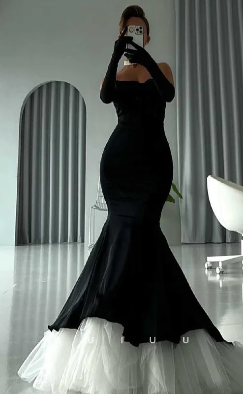 G4524 - Elegant & Timeless Strapless Long Sleeves Black Mermaid Prom Dress with Tulle Train Tulle Dress Flow