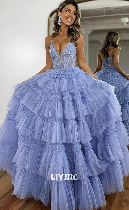 LP1906 - V Neck Lace Tulle Long Prom Dress, Long Graduation Dress Tulle Dress Dazzle