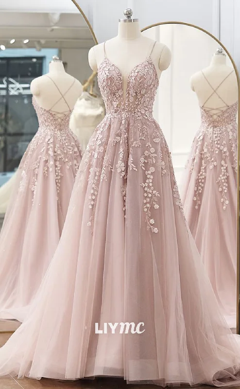 LP1870 - A-line V Neck Spaghetti Straps Sweep Train Tulle Prom Dress With Appliqued Beading Tulle Bodycon Dress