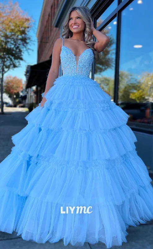 LP1826 - V-Neck Spaghetti Straps Appliques Tiered Tulle A-Line Ball Gown Prom Dress Stylish Tulle Dress