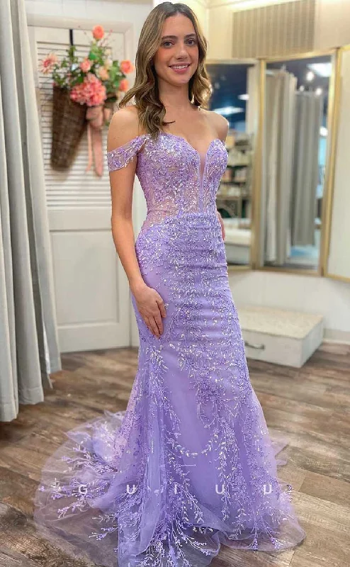 G4488 - Chic & Modern Mermaid Fitted Off-Shoulder Purple Tulle Allover Appliques Sweep-Length Prom Evening Gown Tulle Dress Silhouette