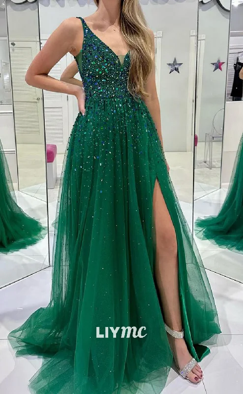 LP764 -  ALine V neck Beads Tulle Long Formal Prom Dress with Slit Tulle Dress Sparkling