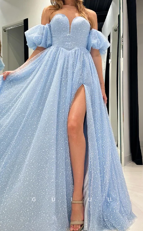 G3686 -A-Line Off Shoulder Sky Blue Tulle Long Prom Evening Gown with High Side Slit Tulle Dress Dazzle