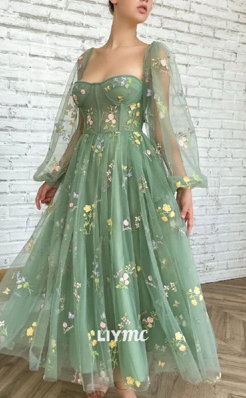 LP1916 - Green Tulle Lace Tea Length Prom Dress, Green Evening Dress Tulle Dress Sparkly