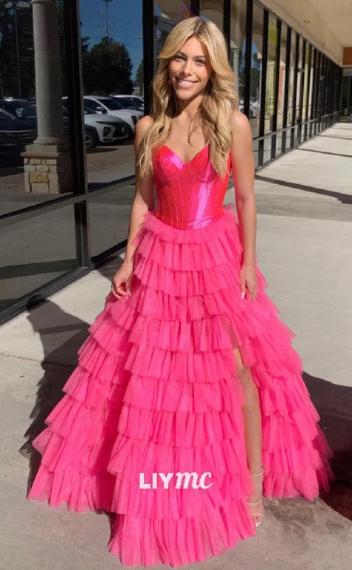 LP858 - A Line Sweetheart Tulle Tiered Pink Long Formal Prom Dress with Slit Tulle Dress Fit