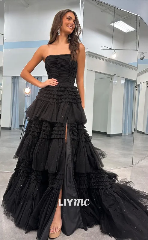 LP855 - A Line Strapless Tulle Draped Black Long Formal Prom Dress Tulle Dress Ruffles