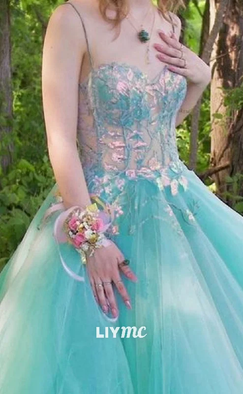 LP1897 - Sweetheart Spaghetti Straps Appliques Tulle Lace Long Prom Dress, Green Formal Dress Tulle Dress Modern