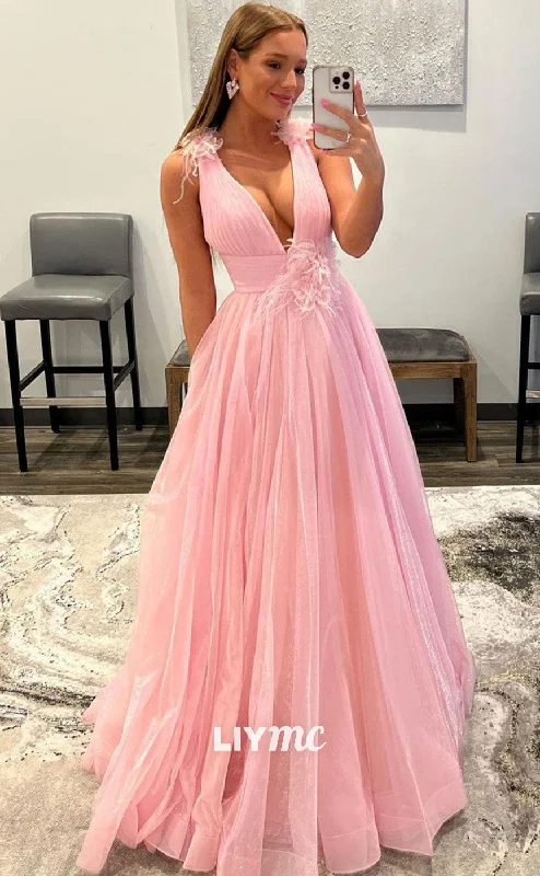 LP1917 - Pink V Neck Tulle Long Prom Dress, Pink Tulle Evening Dress Tulle Dress Fluffy