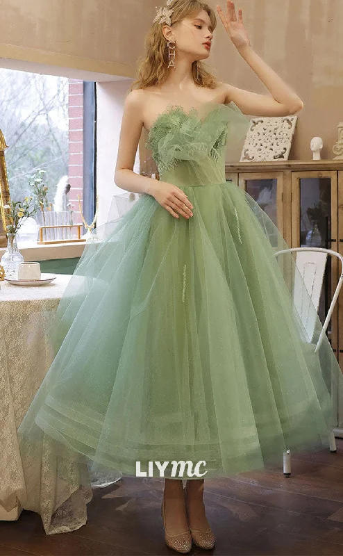 LP1889 - Green Sweetheart Neck Tea Length Tulle Prom Dresses, Short Green Sweet 16 Tulle Dress Soft