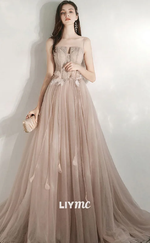 LP1884 - A-Line Tulle Lace Long Prom Dresses, Champagne Lace Formal Dress Party Tulle Dress