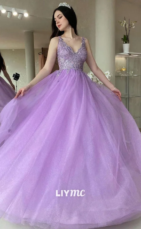 LP1895 - Purple V-Neck Tulle Lace Long Prom Dress Purple Tulle Formal Dress Tulle Lace Gown