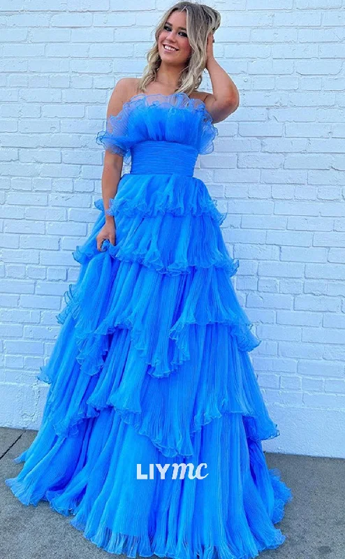 LP1875 - Blue A-Line Tulle Long Prom Dress Blue Formal Dress Soft Tulle Dress