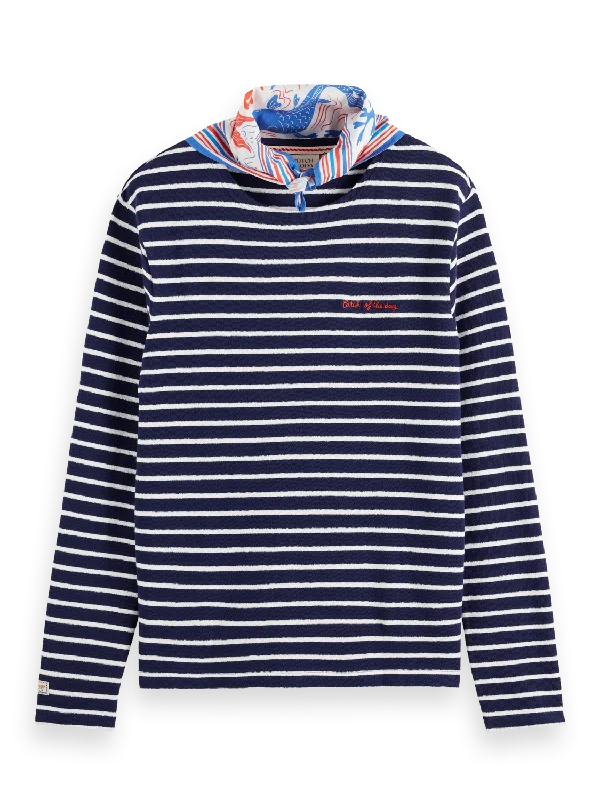 Scotch & Soda - Striped Long Sleeved Tee with Neckerchief - Navy/White Loose Fit Hoodie Sweatshirt