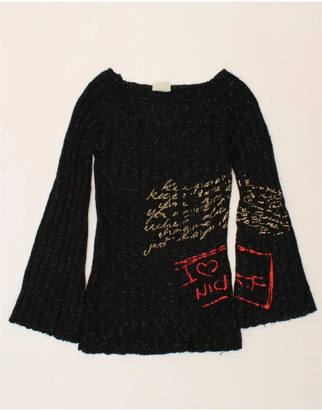 DESIGUAL Womens Graphic Boat Neck Jumper Sweater UK 12 Medium Black Date night sweaters