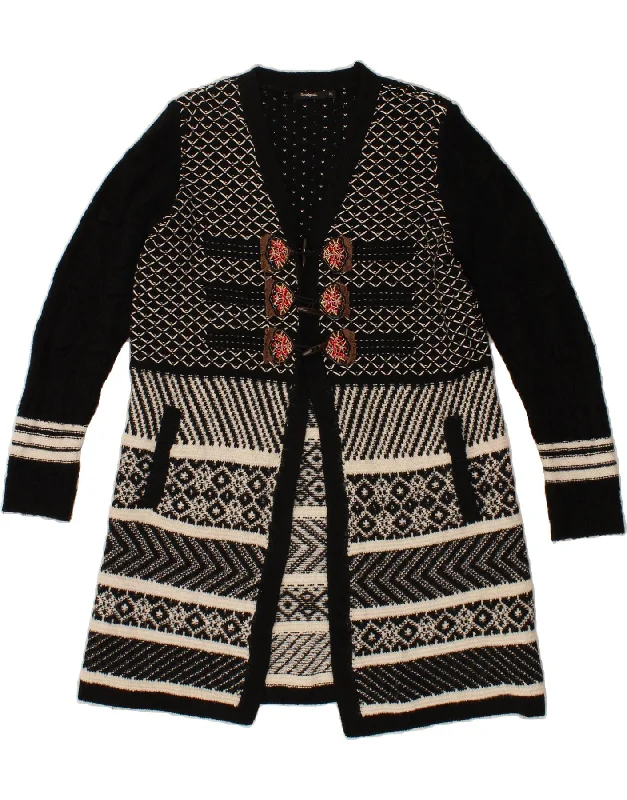 DESIGUAL Womens Longline Cardigan Sweater UK 18 XL Black Fair Isle Acrylic Cropped sweaters