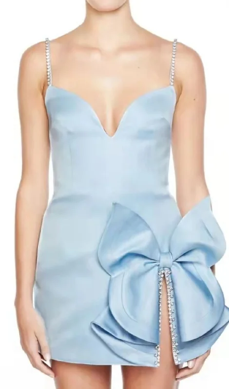 BABY BLUE CRYSTAL BOW MINI DRESS Office mini dresses