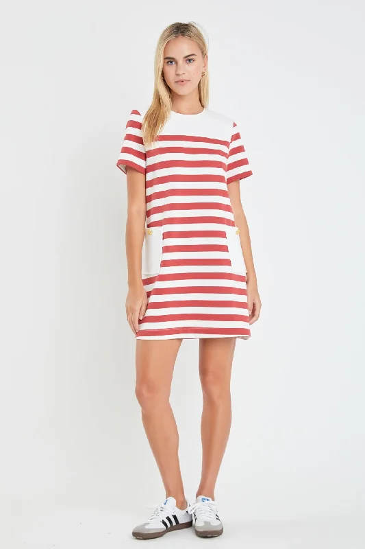 Striped Dress with Patch Pockets Hot new arrivals in mini dresses