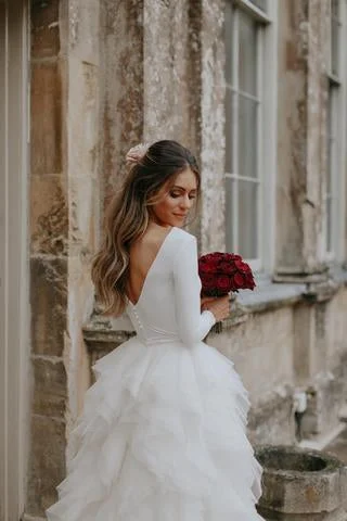 A-Line Ivory Sweep Train Tulle Long Sleeves Long Beach Wedding Dresses with Ruffles WK898 Lace V-neck Dress