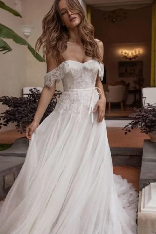 A-line Off Shoulder Beach Wedding Dress with Lace Boho Wedding Dresses with Belt WK985 Crystal Wedding Dress