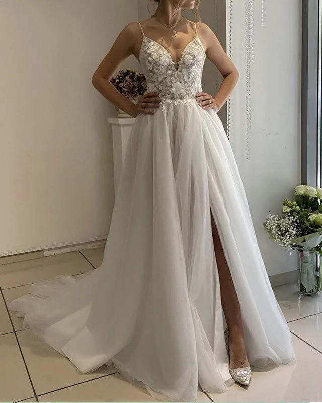 Boho Wedding Dress V Neck Embroidery Tulle Split Timeless Wedding Dress