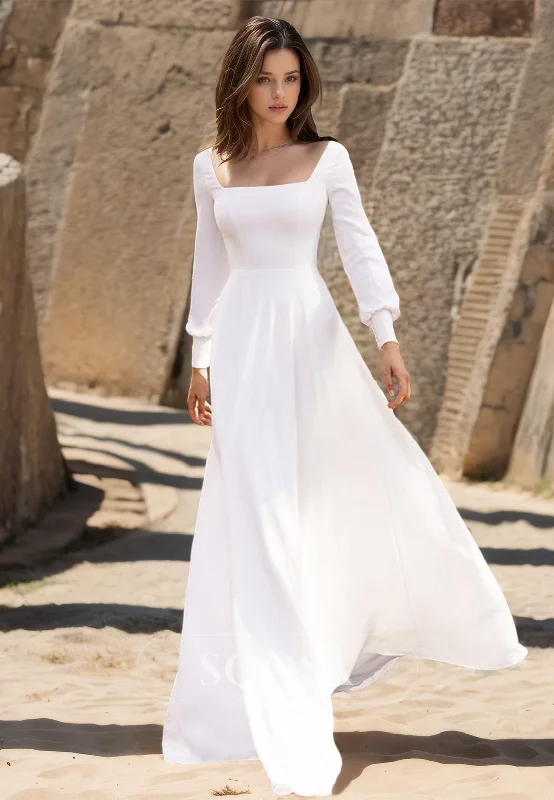 Square-Neck Long-Sleeves A-Line Boho Beach Wedding Dress Simple Satin Train Bride Gowns Vintage Style Dress