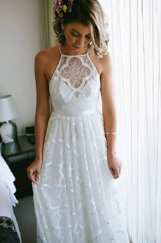 Elegant A-line Halter Lace Long Wedding Dress Strapless Bridal Dress