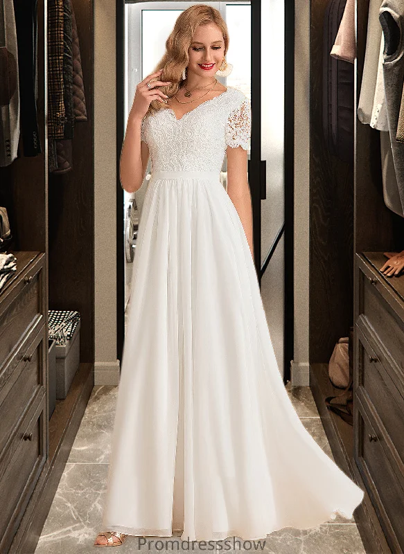 Gina A-Line V-neck Floor-Length Chiffon Lace Wedding Dress STKP0013678 Silk Wedding Gown