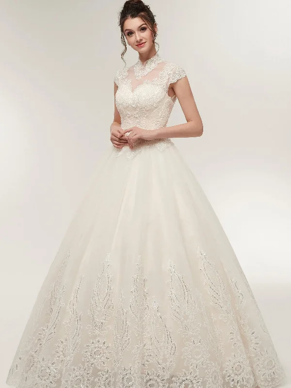 High Neck Light Champagne Appliques Elegant Lace Tulle Wedding Dresses AS50639 A-line Wedding Gown