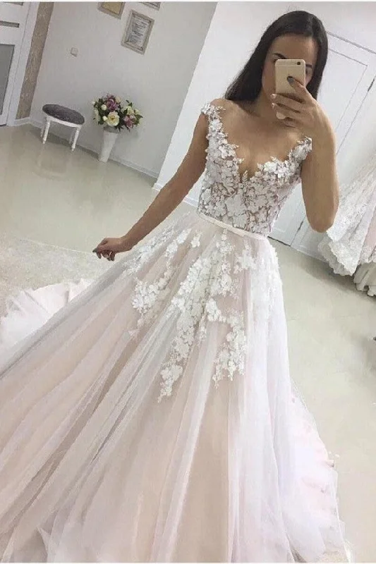 Long Sleeve Ruffles Ball Gown Wedding Dress With Lace Appliques Elegant Lace Gown