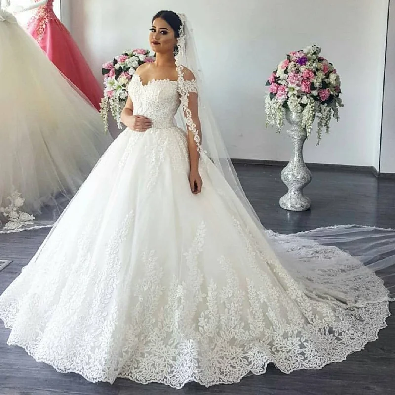 Vintage V-neck Off The Shoulder Lace Wedding Ball Gown Dresses Beautiful Bridal Gown