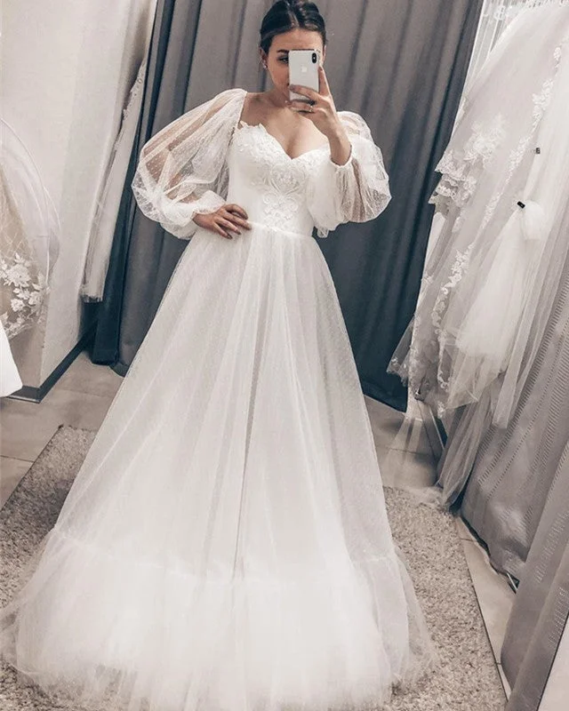 Simple Cottagecore Wedding Dress Tulle Puffy Sleeves Sexy Wedding Dress