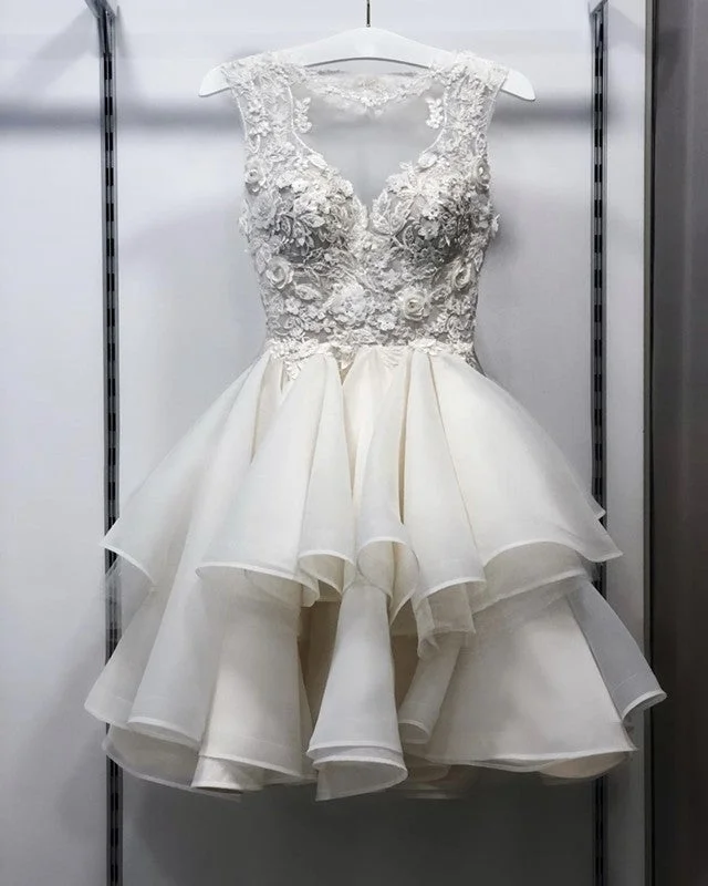 Short Organza Ruffles Wedding Dress Lace Embroidery Sparkling Bridal Gown