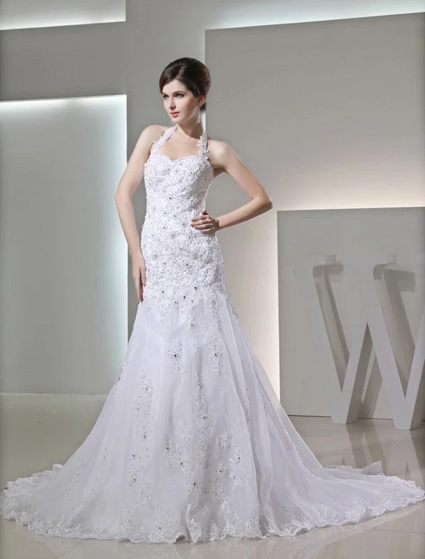 Trumpet/Mermaid Beading Halter Sleeveless Applique Satin Wedding Dresses TPP0006939 Sexy Satin Gown