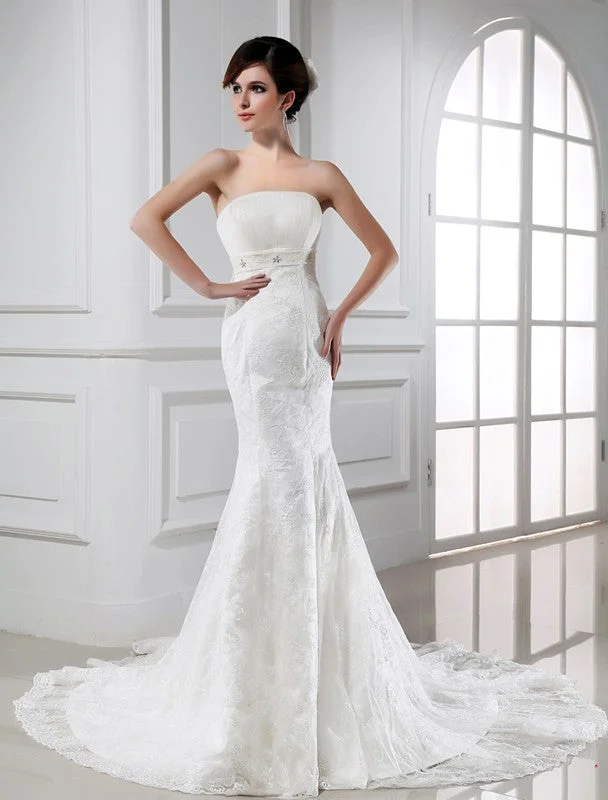 Trumpet/Mermaid Beading Strapless Sleeveless Lace Tulle Wedding Dresses TPP0006936 Formal Wedding Dress