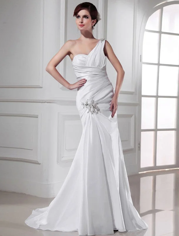 Trumpet/Mermaid One-shoulder Beading Satin Sleeveless Long Wedding Dresses TPP0006946 Wedding Dress Set