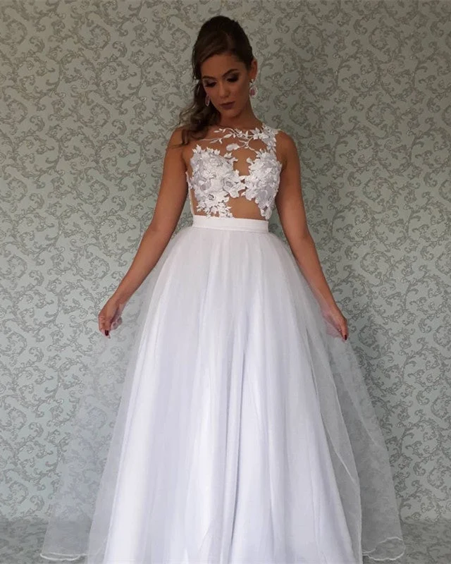 Tulle Beach Wedding Dress Floor Length Lace Embroidery Sexy Lace Gown