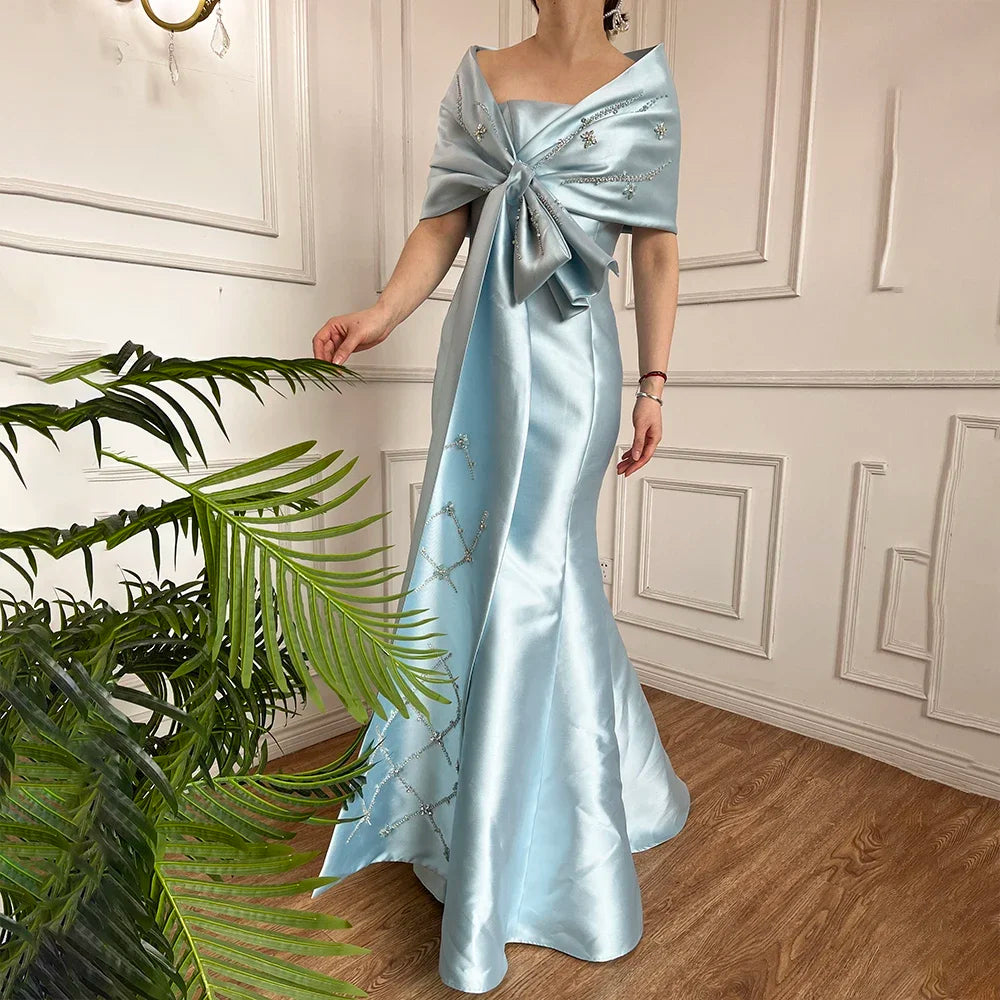 مجموعة اروين ARWEN GROUP AJH 2024    Arabic Blue Mermaid Satin Strapless With Jacket Beaded Evening Dresses Gowns 2024 For Women Wedding Party FLA71895 Elegant A-line Gown