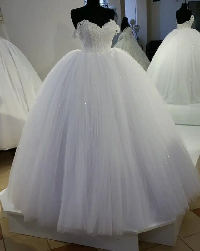 White Lace Off Shoulder Tulle Wedding Dresses Ball Gowns Illusion Neckline Gown