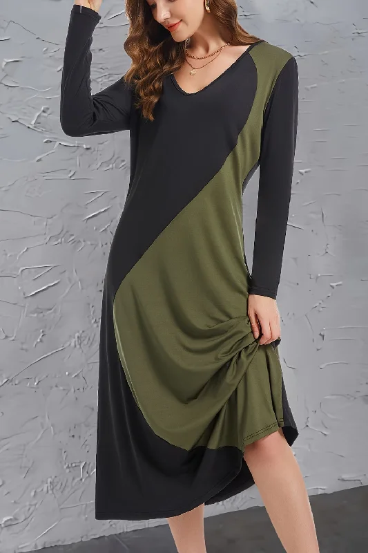 Contrast Long Sleeve Midi Dress Stretchy midi dresses