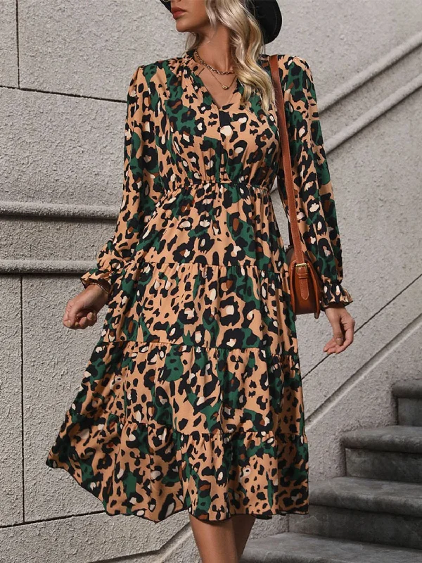 Leopard Notched Flounce Sleeve Midi Dress Graduation midi dresses