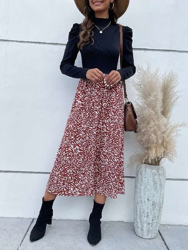 Printed Mock Neck Puff Sleeve Midi Dress Elegant midi dresses