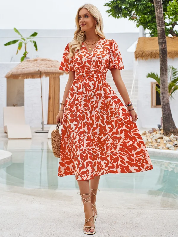 Printed Surplice Short Sleeve Midi Dress Stretchy midi dresses