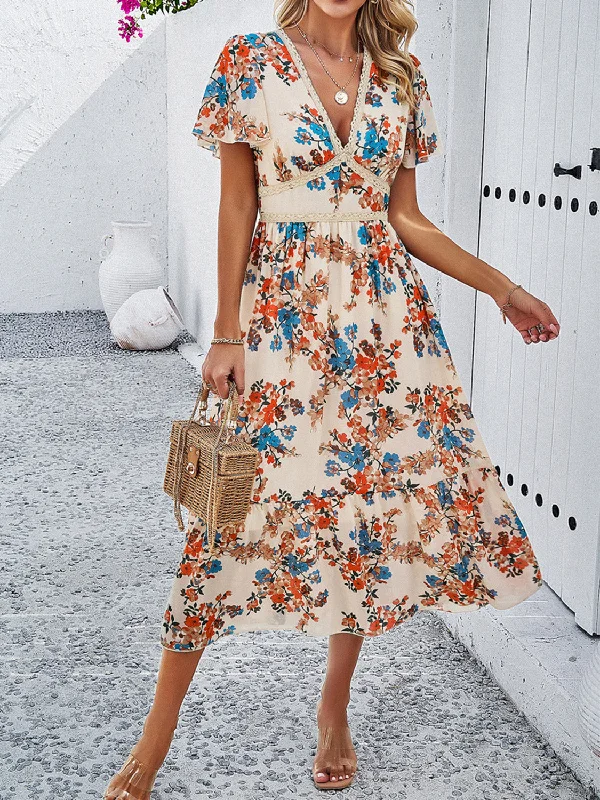 Printed V-Neck Flutter Sleeve Midi Dress Chic midi dresses